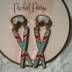 Packed Party Aqua & Pink Ski Goggles and Poles Drop Earrings